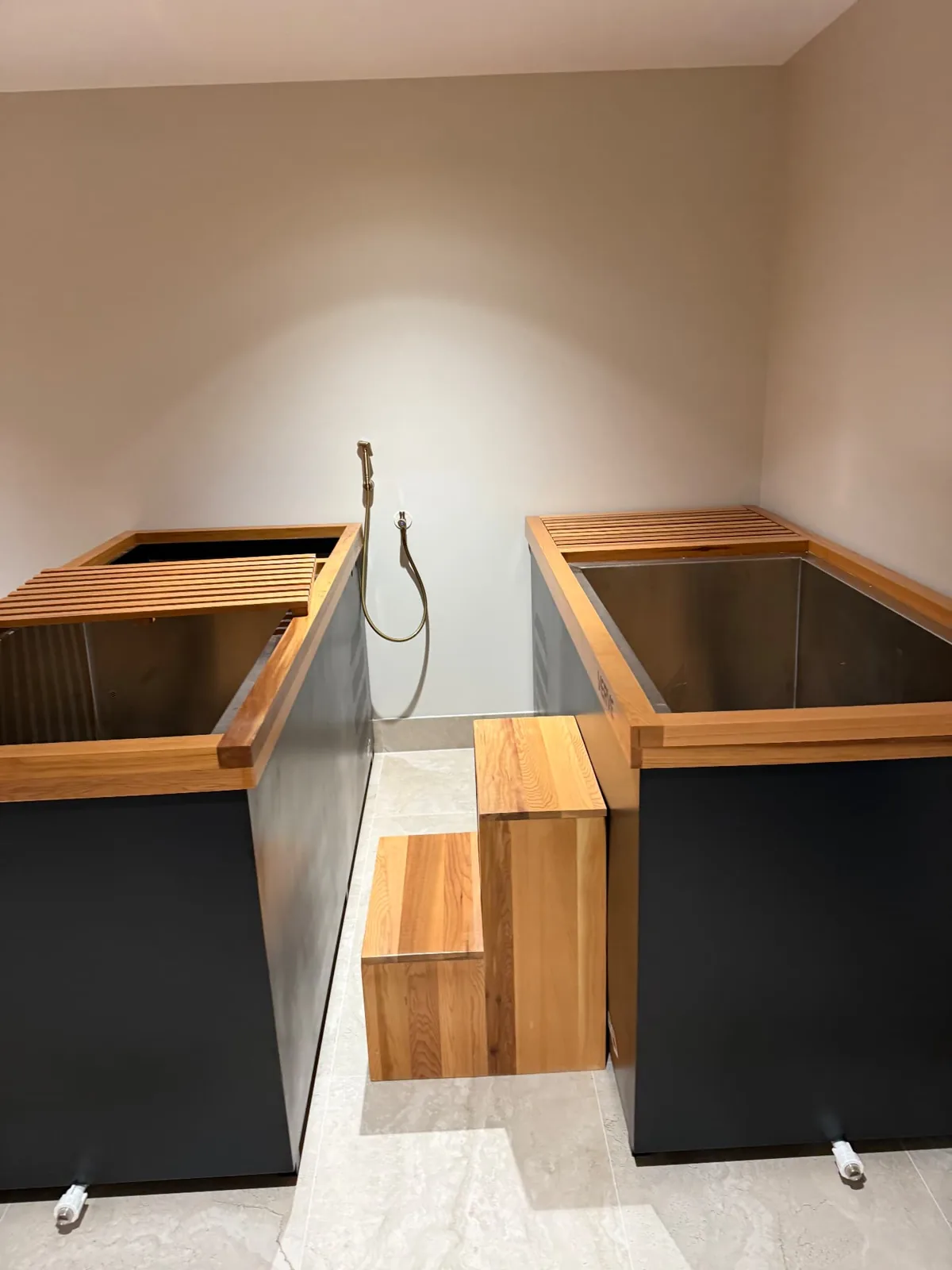 Two rectangular baths with timber surrounds
